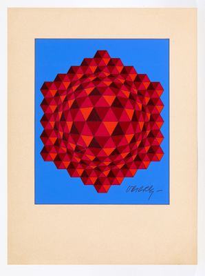 a painting of a red flower on a blue background