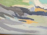 une peinture à l'huile représentant une personne sur une planche de surf, sur une plage