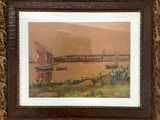painting of a boat in a body of water with a bridge in the background