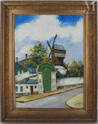 une peinture à l'huile représentant un moulin à vent et un bâtiment sur une colline