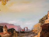 a painting of a castle on a hill overlooking a river