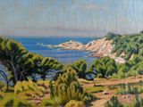 une peinture à l'huile représentant une vue sur l'océan depuis une colline