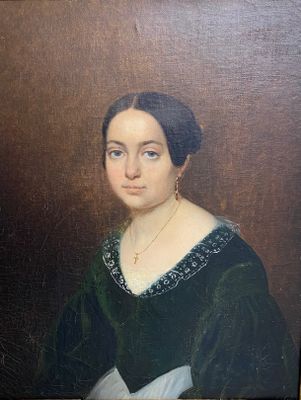 tableau représentant une femme vêtue d'une robe verte et d'une ceinture blanche