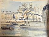 a picture of a painting of a building by the water