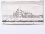 an old drawing of a large building with a clock on top of it