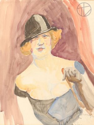 painting of a woman in a hat and dress sitting on a chair