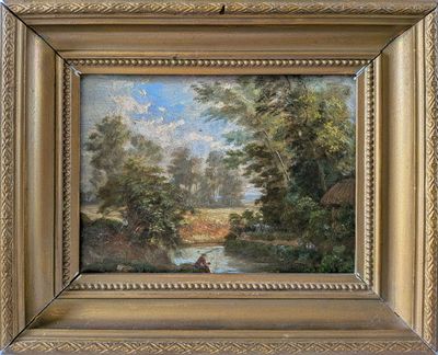 une peinture à l'huile représentant un paysage avec une rivière au premier plan et des arbres à l'arrière-plan