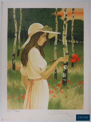 painting of a woman in a white hat holding a red flower in a field of poppies
