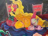 painting of a still life of vegetables and fruit on a table