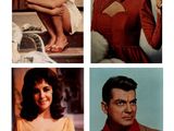 four different pictures of a woman in a red dress and a man in a brown suit