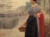 painting of a woman standing in front of a harbor with boats in the background