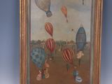 painting of a group of hot air balloons flying in the sky