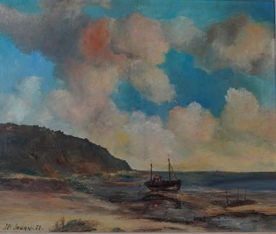 an oil painting of a boat on a beach near the ocean