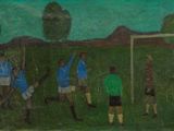 tableau représentant un groupe d'hommes jouant au football dans un champ