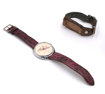 RAKETA Montre homme en acier, bracelet en cuir rouge