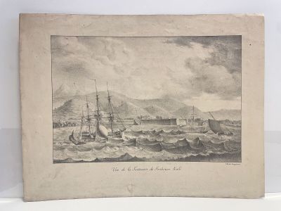an old picture of a ship in the ocean with a mountain in the background