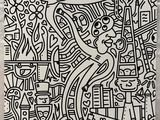 un dessin en noir et blanc représentant une femme dans une ville