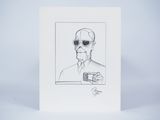 drawing of a man with sunglasses and a tie holding a drink