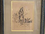 un vieux dessin représentant une femme avec un chien dans un champ