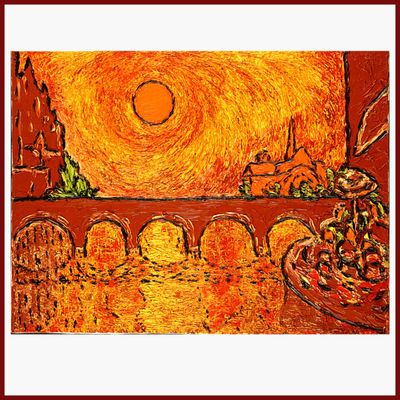 une image représentant un tableau d'un coucher de soleil sur une rivière