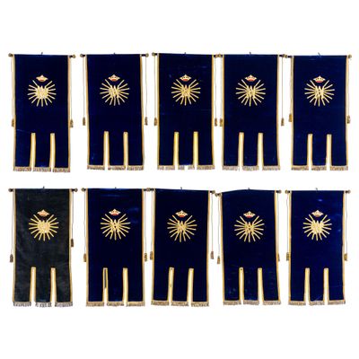 a set of six blue and gold flags with gold stars on them