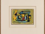 an abstract painting of a blue and yellow motorcycle on a green background
