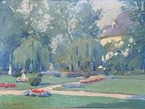 une peinture à l'huile représentant une scène de parc avec une maison en arrière-plan