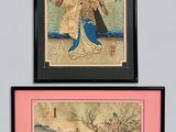 two framed asian paintings of women and trees in a room