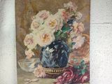 a painting of roses in a blue vase on a table