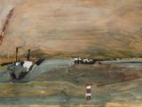 un tableau représentant un bateau sur l'eau, avec un homme debout à côté