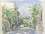 tableau représentant une vue de rue avec une clôture et des arbres