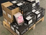 many boxes of hair products on a pallet