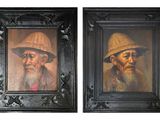 tableau représentant deux vieillards coiffés de chapeaux et portant la barbe, dans un cadre noir