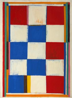 une image représentant un tableau avec un motif à carreaux rouges, blancs, bleus et jaunes