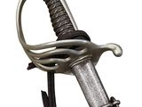 a close up of a sword on a white background