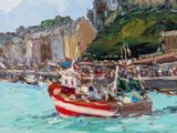 a painting of a red and white boat in the water