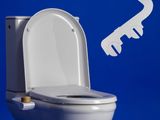 des toilettes blanches ornées d'un roitelet et d'une clé