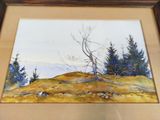 framed watercolor painting of a lone tree on a grassy hill