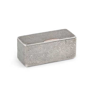 boîte rectangulaire en métal argenté avec une poignée, sur fond blanc