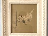 a drawing of a dog in a frame on the wall