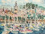 un tableau représentant des bateaux dans un port, avec une tour horloge en arrière-plan