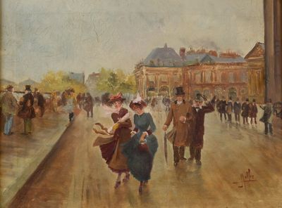 une peinture de personnes marchant dans la rue sous la pluie