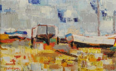 un tableau représentant des bateaux au bord de l'eau