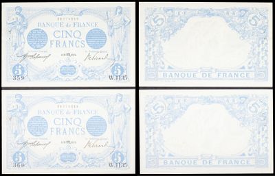 four different bank notes of france with blue and white designs