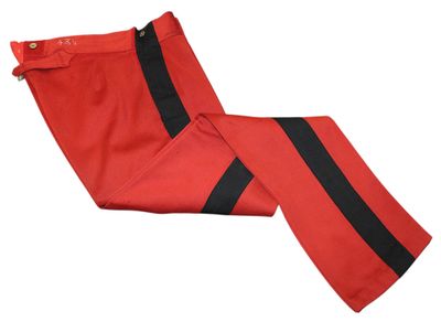 men ' s red pants with black stripes on the side