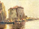 un tableau représentant des bateaux sur l'eau près d'un château