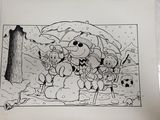 drawing of a group of cartoon characters under an umbrella in the snow