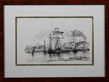 drawing of a boat in a body of water with a sky in the background