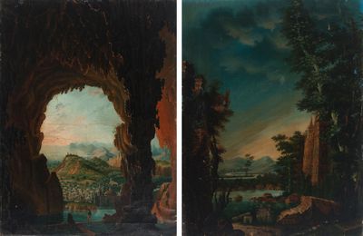 two paintings of a landscape with a cave and a river