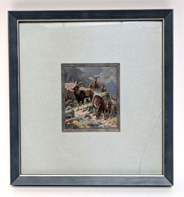 tableau représentant un troupeau de chevaux sauvages dans un paysage rocheux